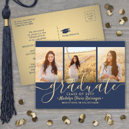 3 Foto Collage Script Navy Blue & Gold Abschluss Ankündigungspostkarte