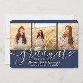 3 Foto Collage Script Navy Gold Graduation Party Einladung (Vorderseite)