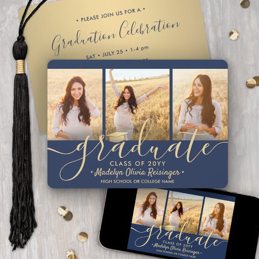 3 Foto Collage Script Navy Gold Graduation Party Einladung