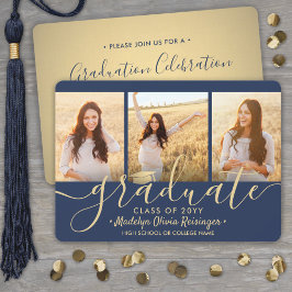 3 Foto Collage Script Navy Gold Graduation Party Einladung