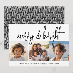 3 Foto-Collage-Script Schwarz Weiß Merry Bright Feiertagskarte