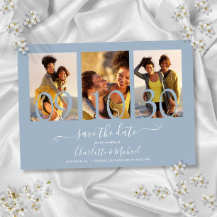 3 Foto Collage Signature Script Dusty Blue Save The Date