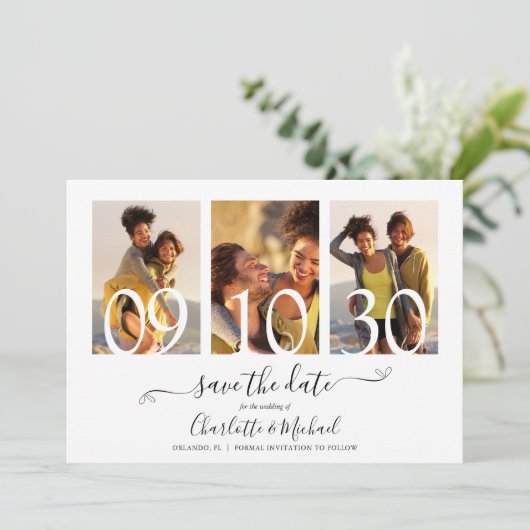 3 Foto Collage Signature Script Hochzeit Save The Date (Stehend Vorderseite)