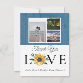 3-Foto-Collage Sonnenblume Dusty Blue Wood Wedding Dankeskarte