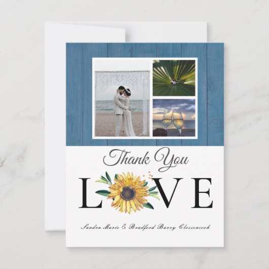 3-Foto-Collage Sonnenblume Dusty Blue Wood Wedding Dankeskarte (Vorderseite)
