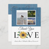 3-Foto-Collage Sonnenblume Dusty Blue Wood Wedding Dankeskarte (Vorne/Hinten)