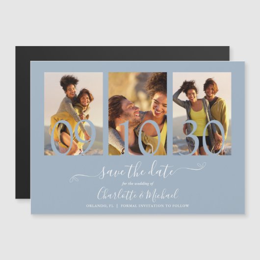 3 Foto Collage Wedding Save the Date Dusty Blue Magneteinladung (Vorne/Hinten)