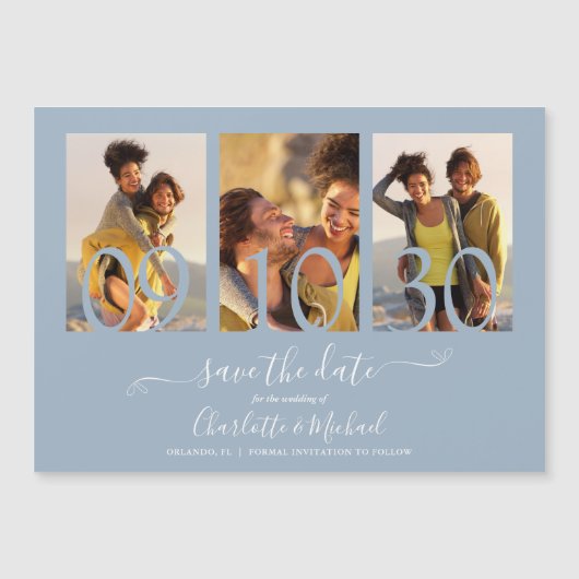 3 Foto Collage Wedding Save the Date Dusty Blue Magneteinladung (Vorderseite)