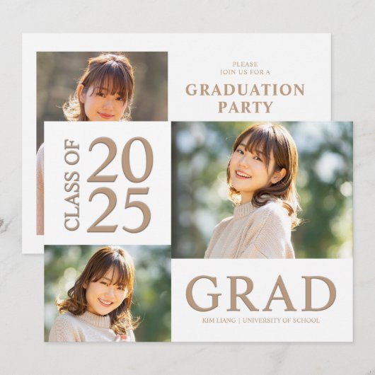 3 Foto Collage White & Beige Graduierungsparty Einladung (Vorne/Hinten)