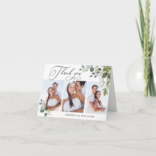 3 FOTO Elegant Eukalyptus Greenerity Wedding Dankeskarte (Vorderseite)
