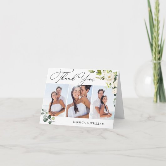 3 FOTO Elegante Eukalyptus Weiße Rosen Dankeskarte (Vorderseite)