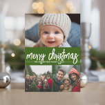 3 Foto Frohe Weihnachten - grüne rote Retrostreife<br><div class="desc">Ein fröhlicher und heller Urlaub mit einem Mod-Kalligraphie-Gruß. Modernes Ambiente mit Retro-Streifen auf der Rückseite. Dieses nicht-klassische Design ist eine neue Herangehensweise,  die Ihre Fotos hervorheben wird.</div>