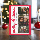 3 Foto Frohe Weihnachts-Rote Grenze - Kalligraphie Feiertagskarte<br><div class="desc">Ein Design,  das 3 Foto mit einer rustikalen modernen Kalligraphie und großen Feriengruß umfasst. Auf der Rückseite befindet sich ein gedämpftes Wasserfarbmuster.</div>
