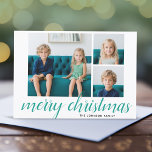 3 Foto Frohe Weihnachtsschrift Aquamarin Damask Feiertagskarte<br><div class="desc">Verwenden Sie drei quadratische Foto und machen Sie einen einzigartigen und trendigen Frohen Weihnachtsgrüßen mit einem eleganten Muster auf der Rückseite. Die Begrüßung wird in einer modernen, unbedruckten Kalligraphie gezeigt, die sich ändern lässt, um Ihrem LieblingsSprichwort zu entsprechen. Wenn Sie etwas bewegen möchten, klicken Sie auf die Schaltfläche Anpassen, um...</div>