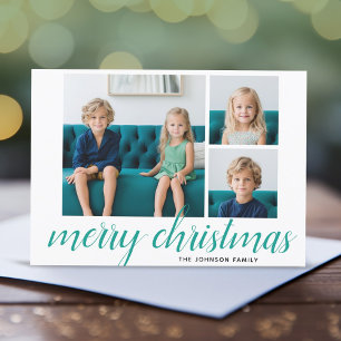 3 Foto Frohe Weihnachtsschrift Aquamarin Damask Feiertagskarte