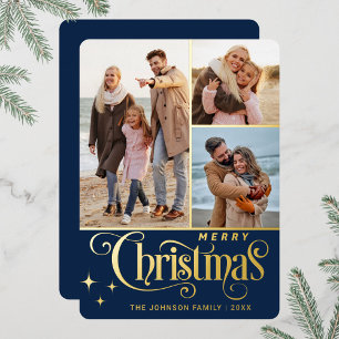 3 FOTO Glänzendes Frohe Weihnachten Gruß Gold Folien Feiertagskarte