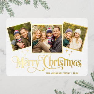 3 FOTO Glänzendes Frohe Weihnachten Gruß Gold Folien Feiertagskarte