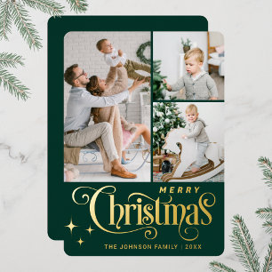 3 FOTO Glänzendes Frohe Weihnachten Gruß Gold Folien Feiertagskarte