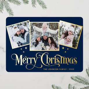 3 FOTO Glänzendes Frohe Weihnachten Gruß Gold Folien Feiertagskarte