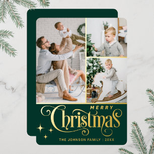 3 FOTO Glänzendes Frohe Weihnachten Grußkarte Gold Folien Feiertagskarte