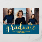 3 Foto Graduation Party Modernes Script Gold Folieneinladung (Vorderseite)