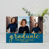 3 Foto Graduation Party Modernes Script Gold Folieneinladung (Stehend vorne)