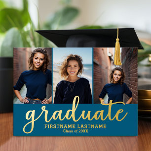3 Foto Graduation Party Modernes Script Gold Folieneinladung