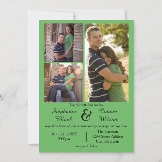 3 Foto Grün - Einladung zur Hochzeit (Vorderseite)