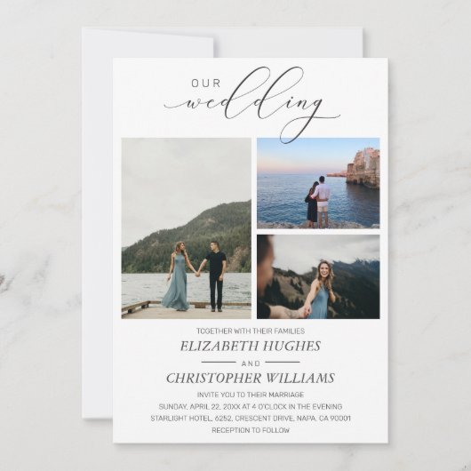 3 Foto Handschrift Unsere Hochzeit Einladung (Vorderseite)