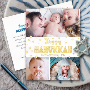 3 Foto Happy Hanukkah Modern Whimsical Real Gold Folien Feiertagspostkarte