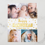 3 Foto Happy Hanukkah Modern Whimsical Real Gold Folien Feiertagspostkarte<br><div class="desc">"Happy Hanukkah." Spaß, spielerisch, skurril handgefertigt echte Goldfolien Typografie und ein zufälliger Star of David Muster überlagern einen sauberen, weißen Hintergrund. Fügen Sie 3 Fotos Ihrer Wahl hinzu, um den Eintritt in Hanukkah mit dieser atemberaubenden, farbenfrohen, personalisierten echten Goldfolie zu erleichtern Postcard Gruß. Ihre persönliche Note, ob in Schreibschrift oder...</div>