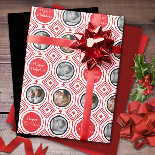 3 Foto Happy Holidays Rotes Weiß Art Deco Geschenkpapier