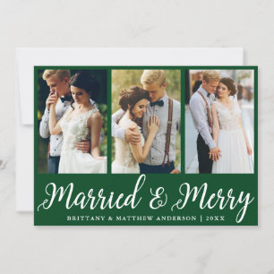 3 Foto Hochzeit Verheiratet und fröhlich Grün Feiertagskarte