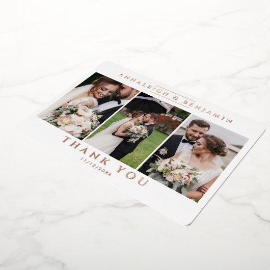 3 Foto Hochzeit Vielen Dank Moderne Rose Gold Folieneinladung (Gedreht)
