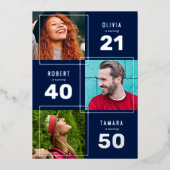 3 Foto Joint Birthday Party Blue & Silver Folieneinladung (Vorderseite)