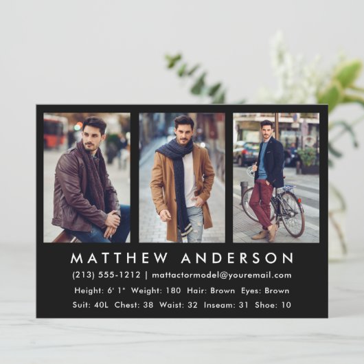 3 Foto Model Actor Comp Card Black Einladung (Stehend Vorderseite)