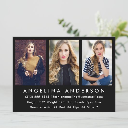 3 Foto Modell-Hauptdarsteller Comp-Karte schwarz Einladung (Stehend Vorderseite)