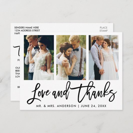 3 Foto Moderne Brush Script Hochzeit Liebe Dank Postkarte (Vorne/Hinten)