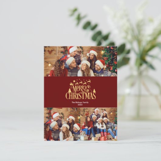 3 Foto Moderne frohe Weihnachten in Gold Gruß (Stehend Vorderseite)