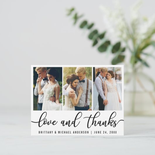 3 Foto Moderne Hochzeitsszeitszitat dank Schwarzer Postkarte (Stehend Vorderseite)