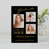 3 Foto Moderne Script Black Gold Grad Ankündigung (Stehend vorne)