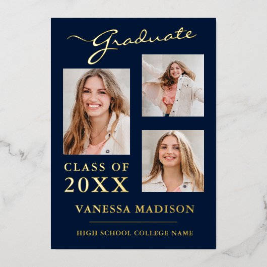 3 Foto Moderne Script Navy Blue Grad Ankündigung (Vorderseite)