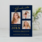 3 Foto Moderne Script Navy Blue Grad Ankündigung (Stehend vorne)