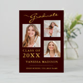 3 Foto Moderne Skriptverkündung Burgundy Grad Folieneinladung (Stehend vorne)