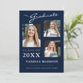 3 Foto Moderner Navy Blue Abschluss Ankündigung (Stehend Vorderseite)
