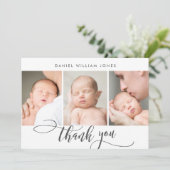3 Foto Modernes Drehbuch Neugeborenes Baby Vielen  Dankeskarte (Stehend Vorderseite)