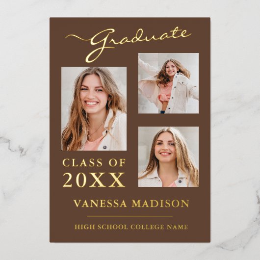 3 Foto Modernes Drehbuch Tan Brown Grad Bekanntgab Folieneinladung (Vorderseite)