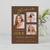 3 Foto Modernes Drehbuch Tan Brown Grad Bekanntgab Folieneinladung (Stehend vorne)