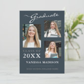 3 Foto Modernes Script Dusty Blue Abschluss Ankündigung (Stehend Vorderseite)