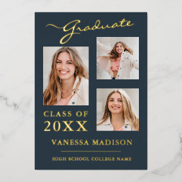 3 Foto Modernes Script Dusty Blue Grad Bekanntgabe Folieneinladung